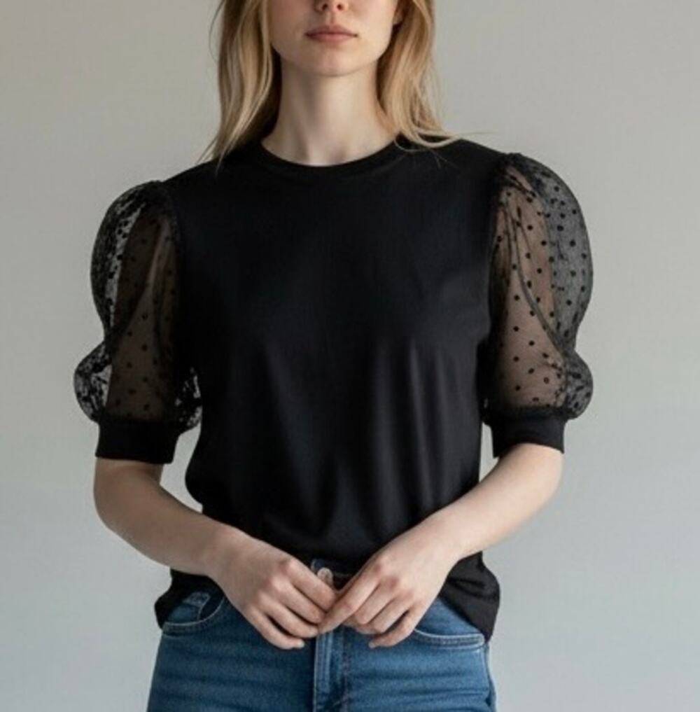 Notebuk Black Knit Puff Sheer Sleeve Top Women's Medium Solid Polka Dot Shirt